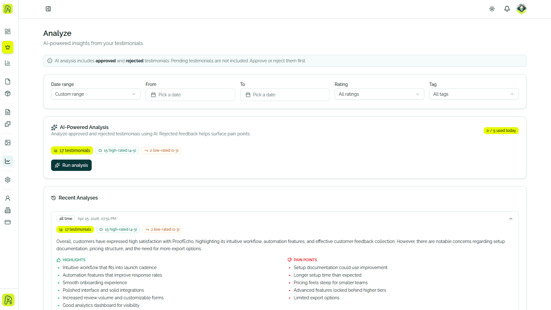 ProofEcho Analyze page showing AI-generated testimonial insights