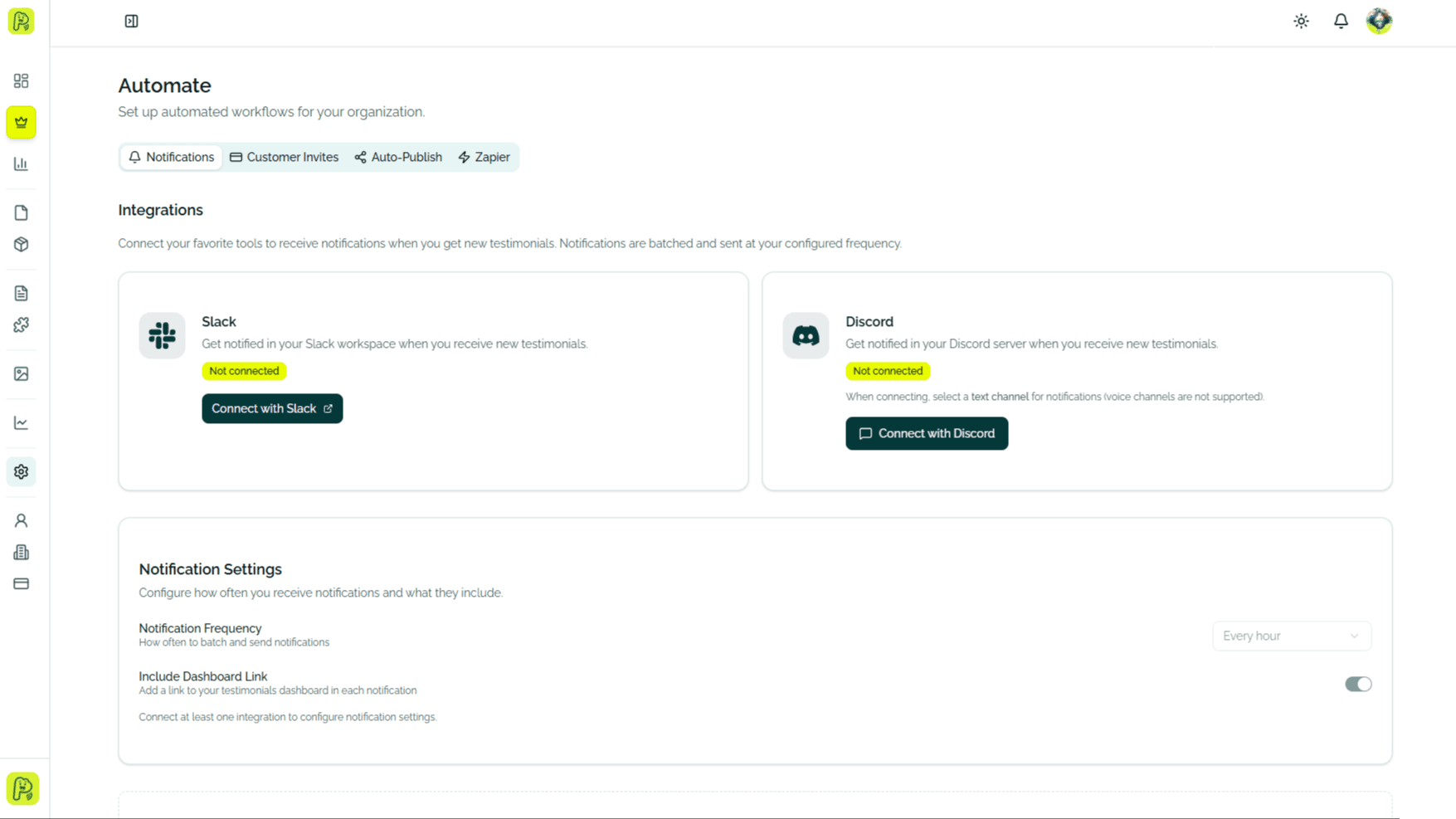 ProofEcho Automate page showing Slack and Discord integrations