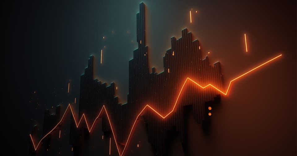 Rising analytics line chart glowing over dark bars